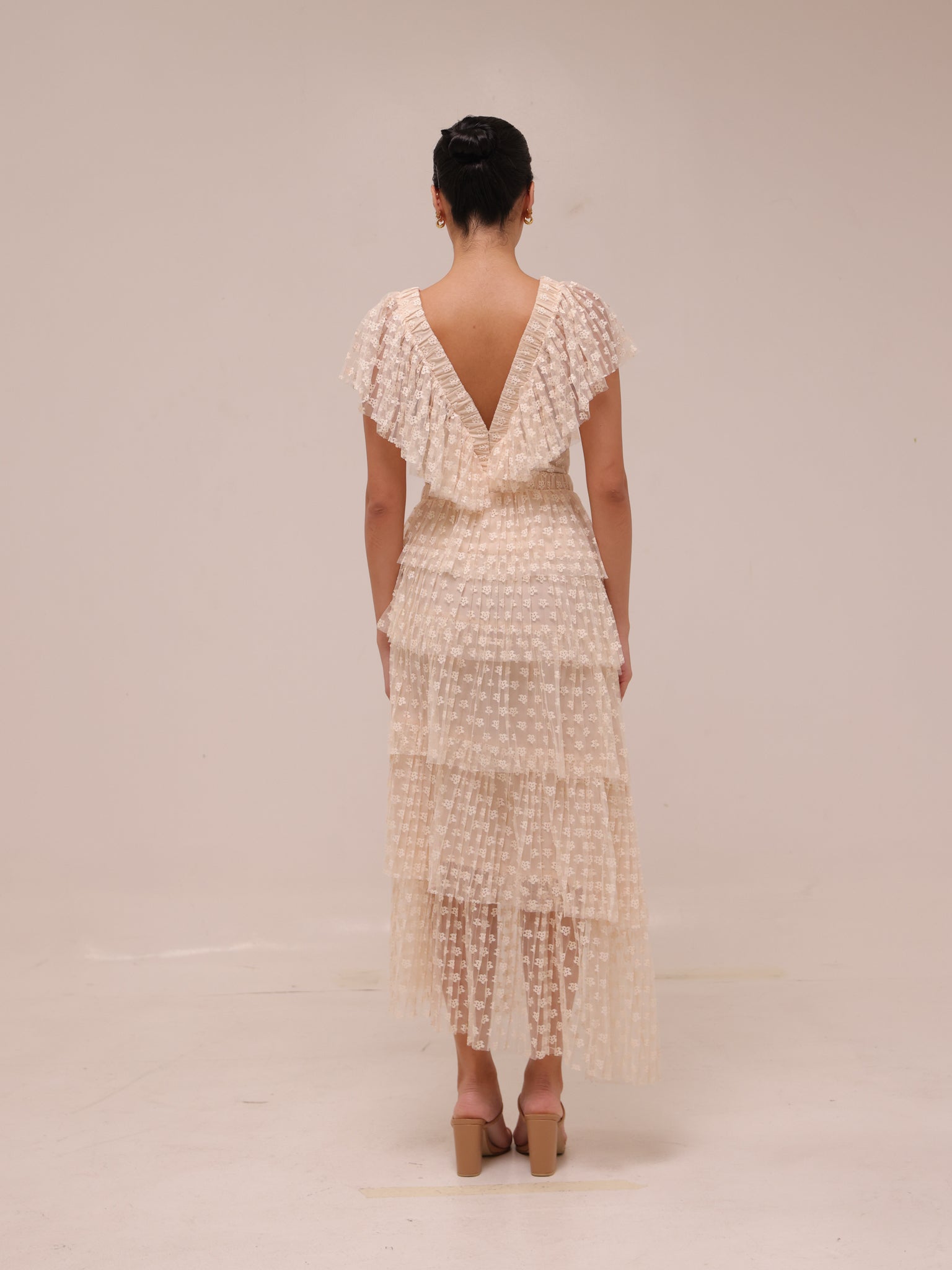 Lace Tulle Dress Tiered Cream Maxi