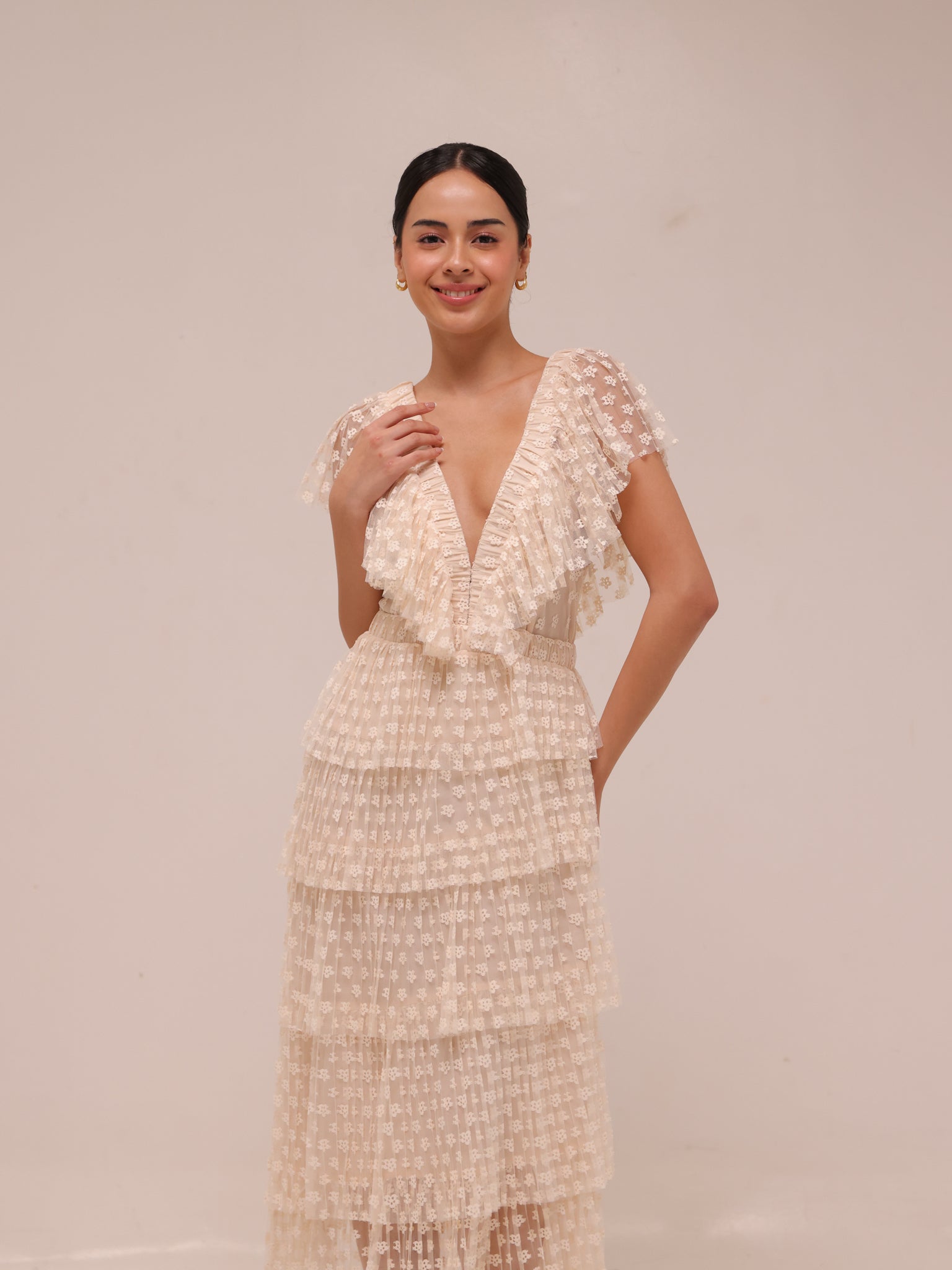 Lace Tulle Dress Tiered Cream Maxi