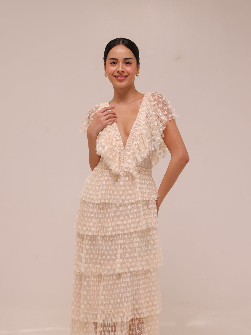 Lace Tulle Dress Tiered Cream Maxi