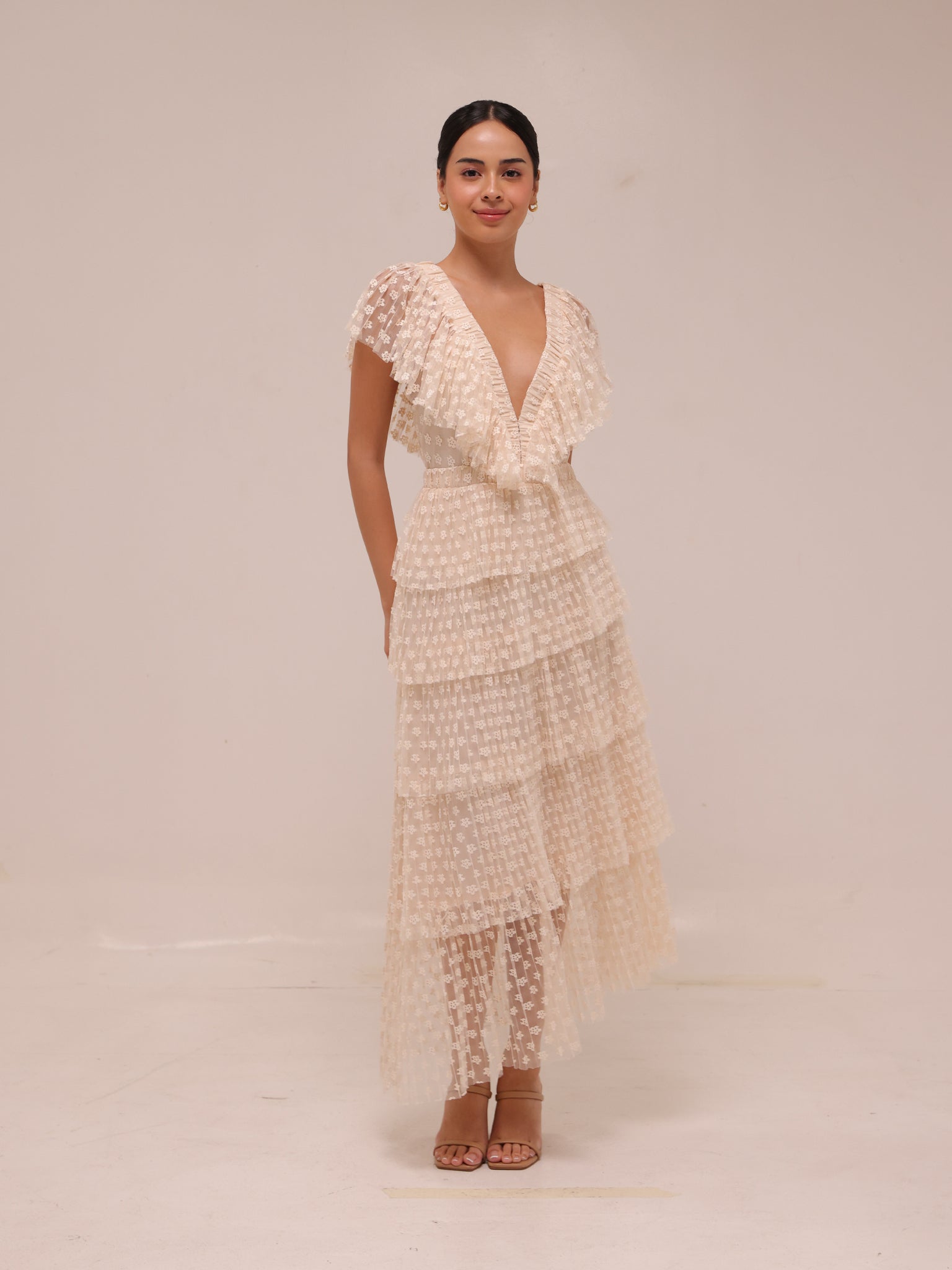 Lace Tulle Dress Tiered Cream Maxi
