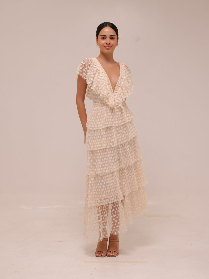 Lace Tulle Dress Tiered Cream Maxi