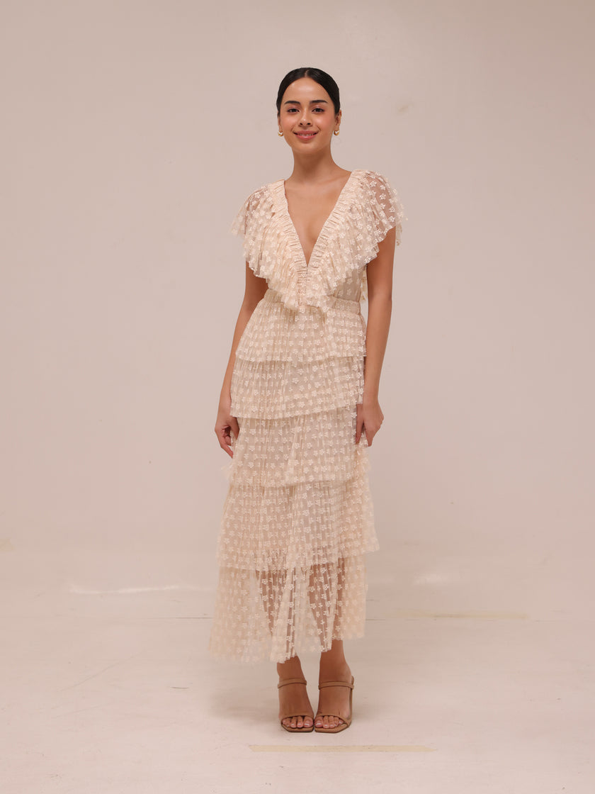 Lace Tulle Dress Tiered Cream Maxi