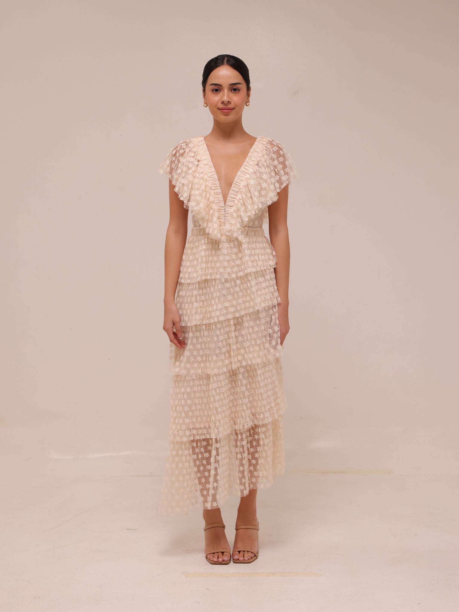 Lace Tulle Dress Tiered Cream Maxi