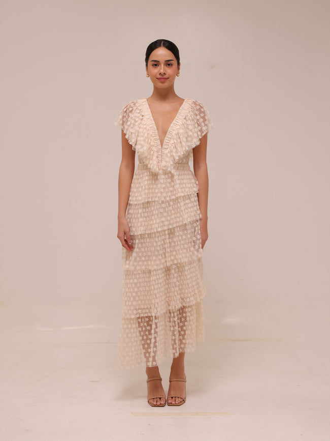 Lace Tulle Dress Tiered Cream Maxi