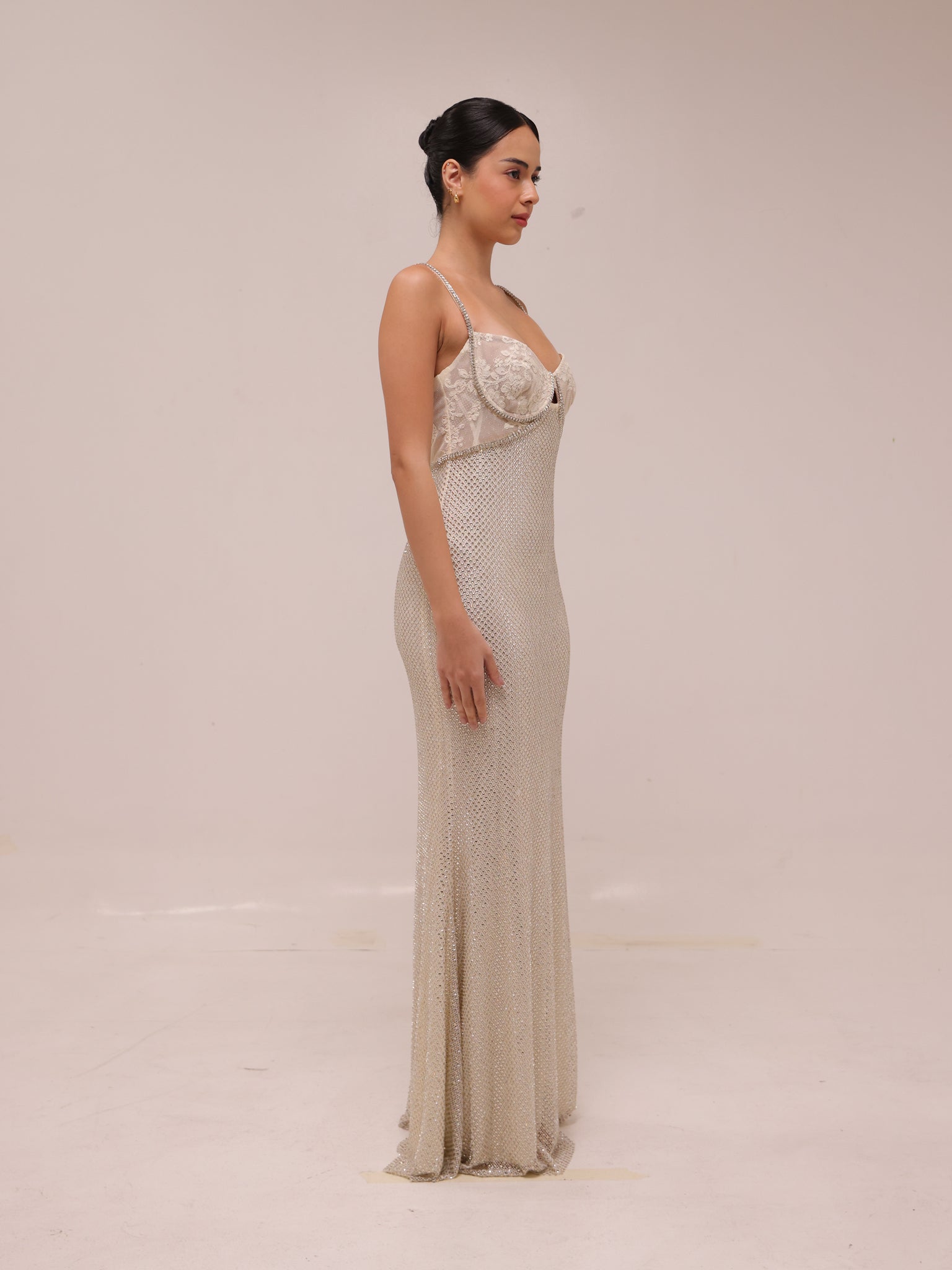 Cream Rhinestone Mesh Maxi Dress