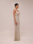 Cream Rhinestone Mesh Maxi Dress