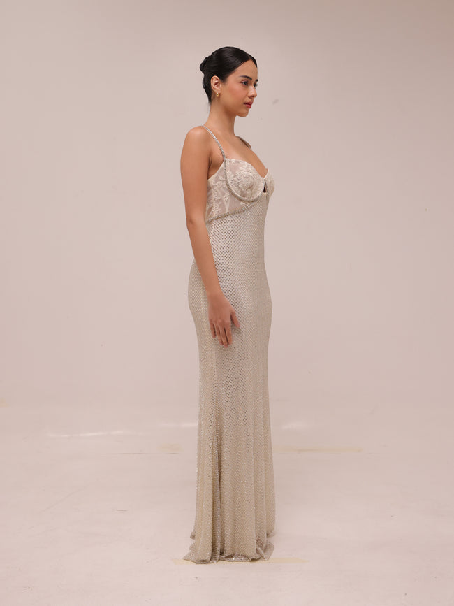 Cream Rhinestone Mesh Maxi Dress