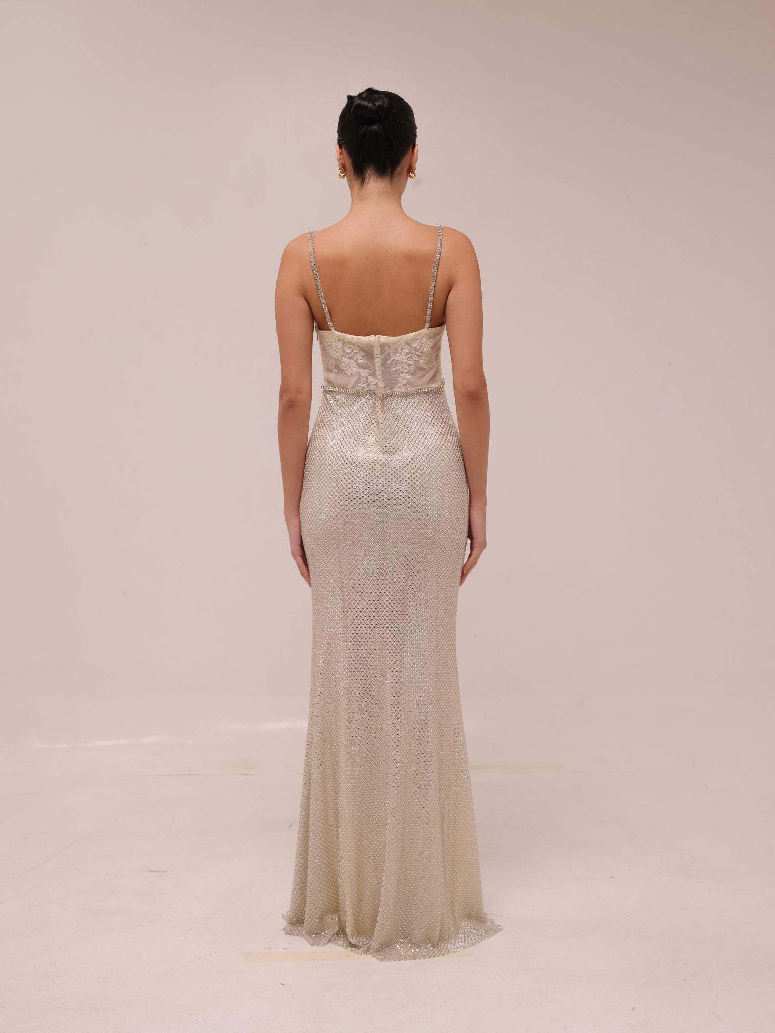 Cream Rhinestone Mesh Maxi Dress