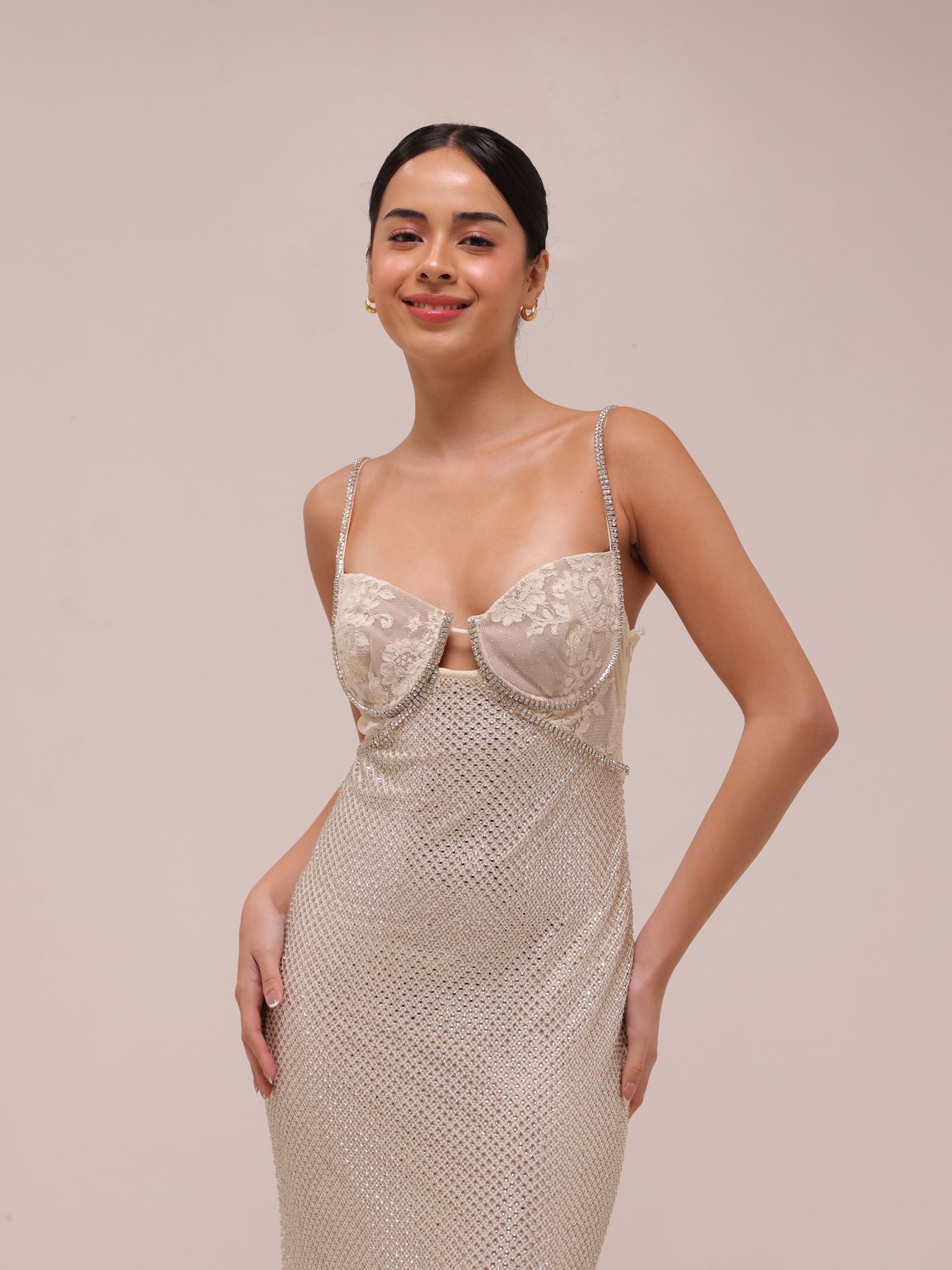 Cream Rhinestone Mesh Maxi Dress