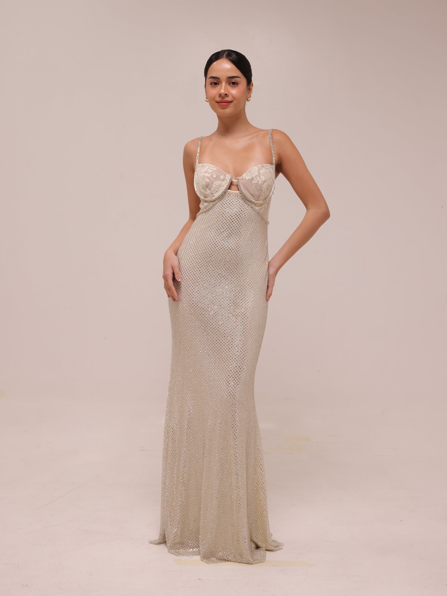 Cream Rhinestone Mesh Maxi Dress