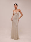 Cream Rhinestone Mesh Maxi Dress