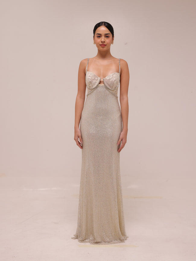 Cream Rhinestone Mesh Maxi Dress