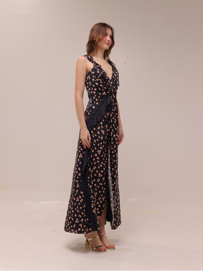 Black Floral Print Crepe Draped Sleeveless