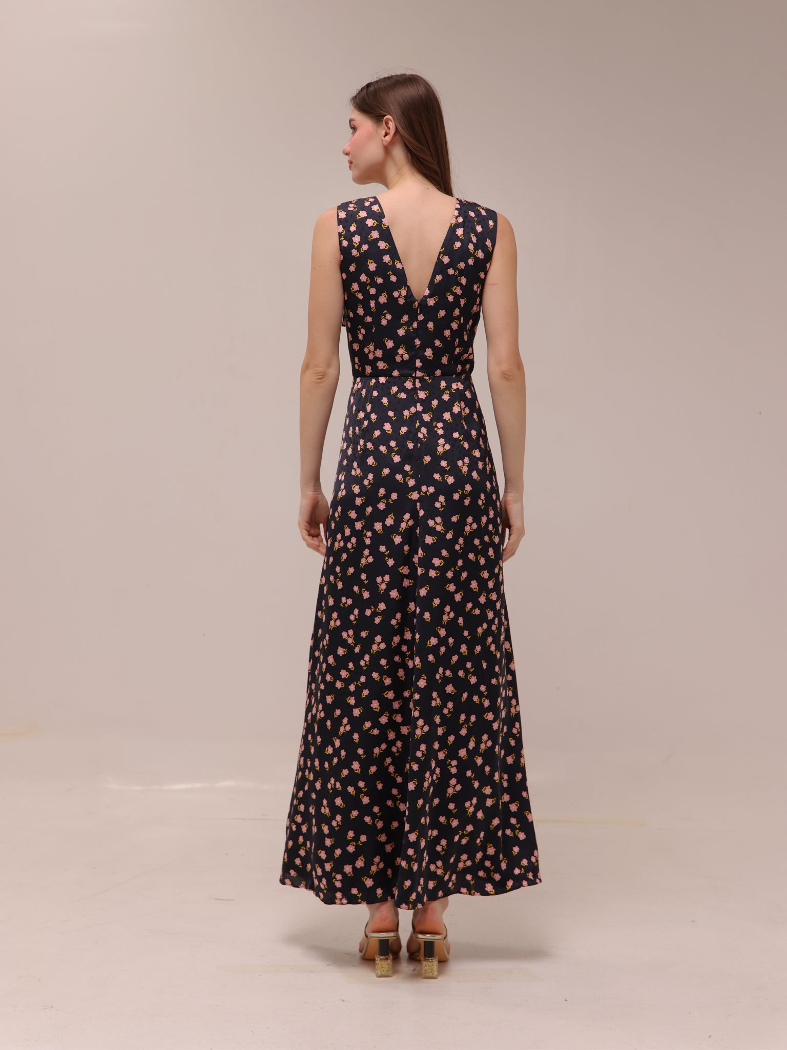 Black Floral Print Crepe Draped Sleeveless