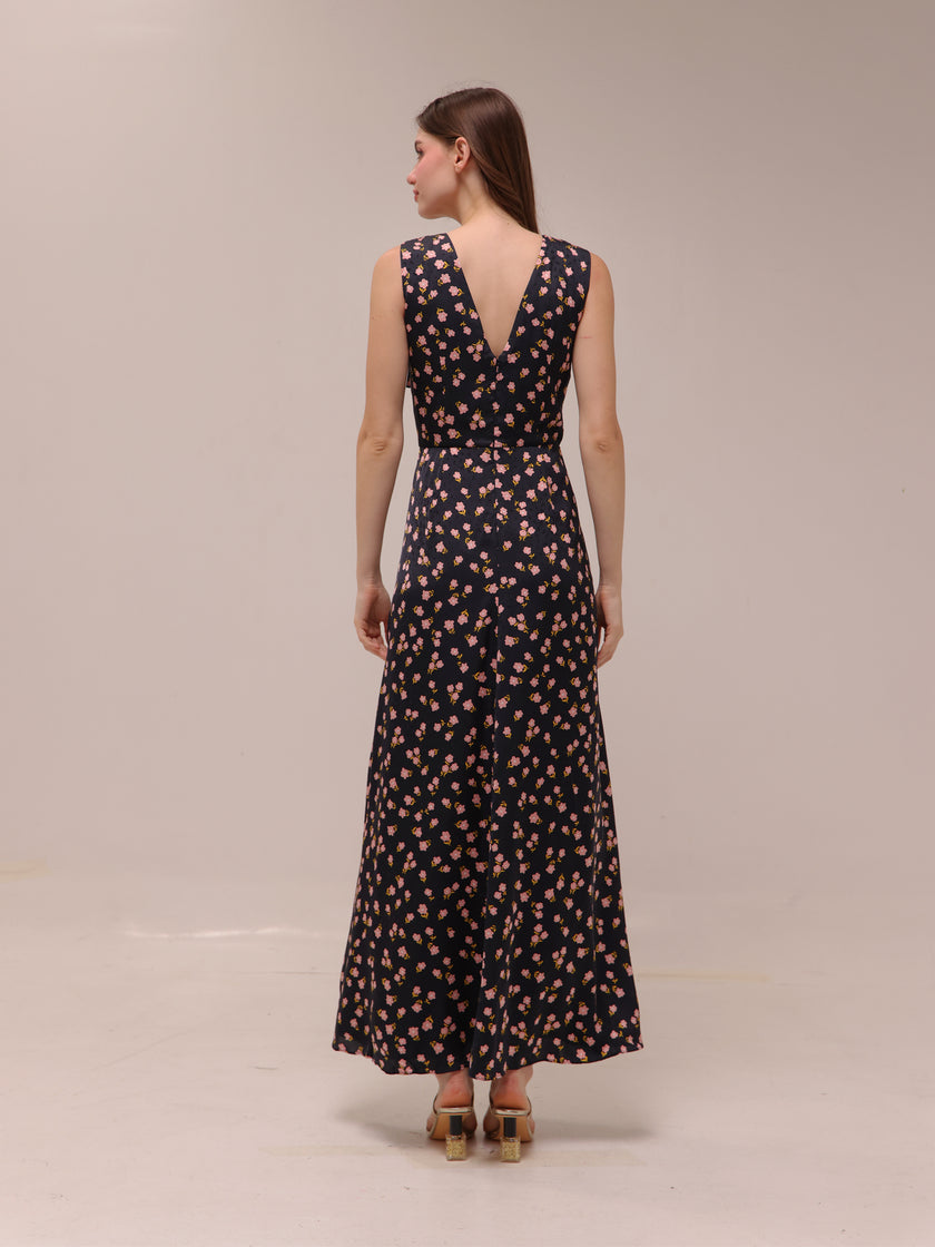 Black Floral Print Crepe Draped Sleeveless
