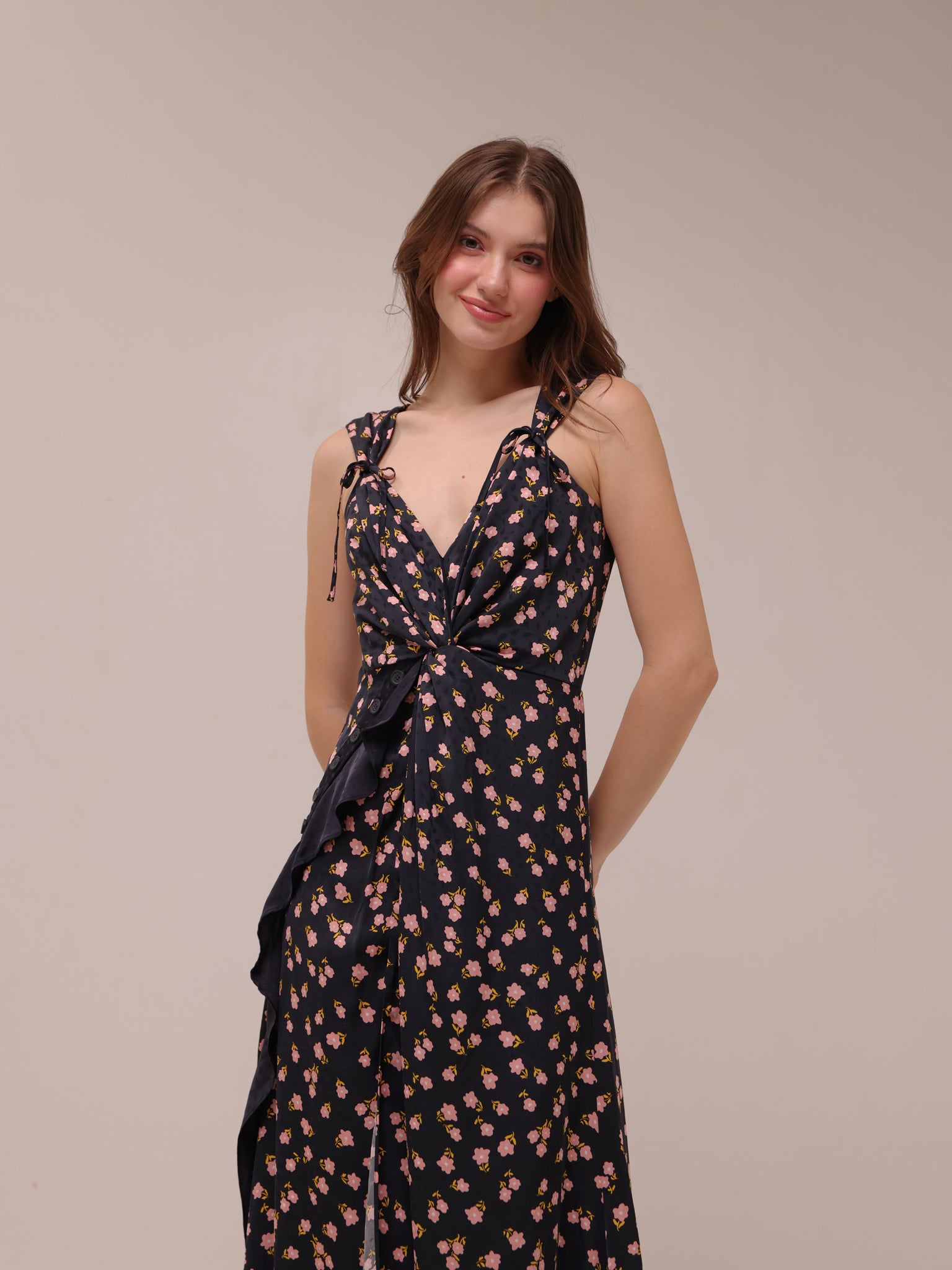 Black Floral Print Crepe Draped Sleeveless