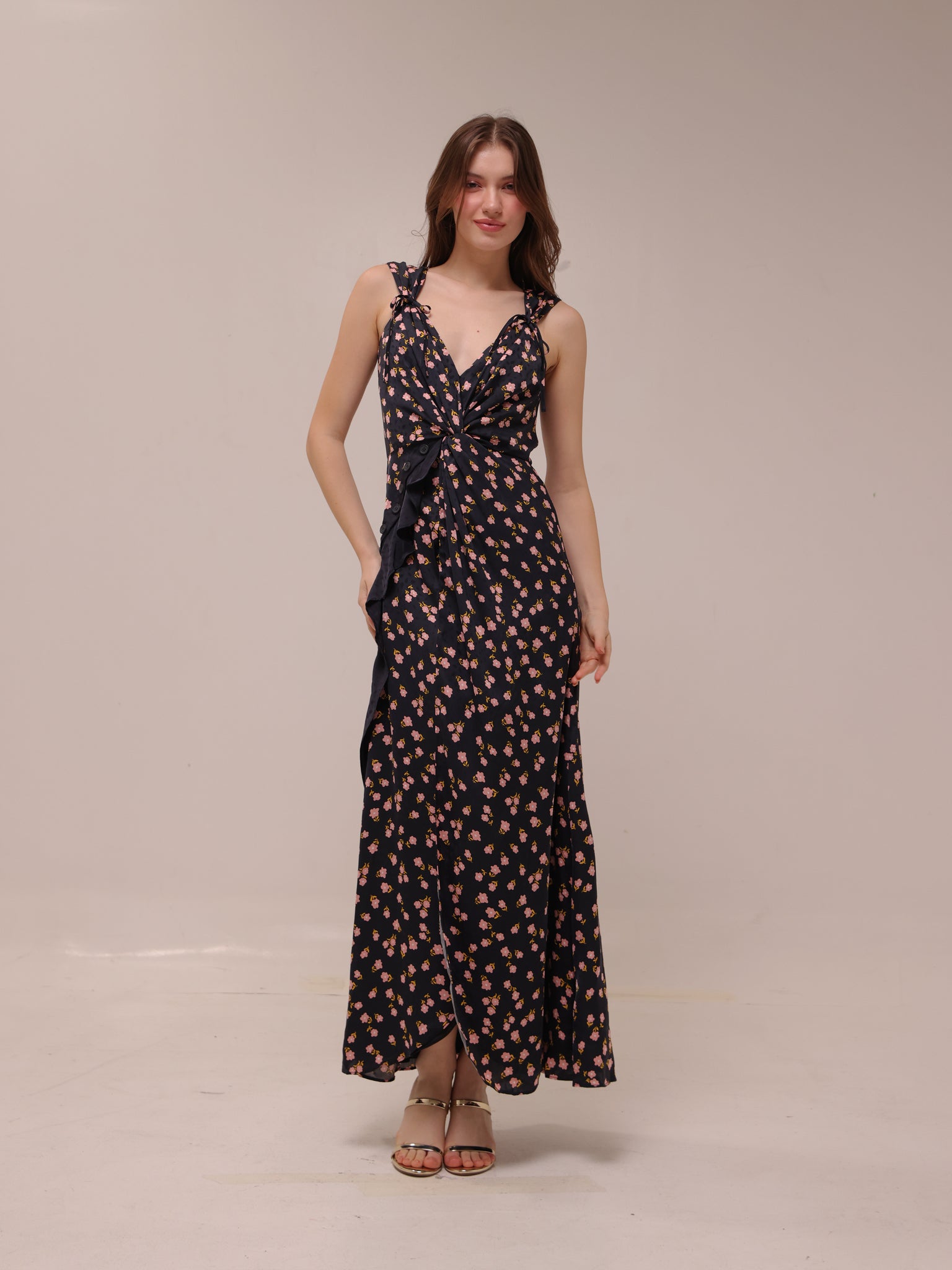 Black Floral Print Crepe Draped Sleeveless
