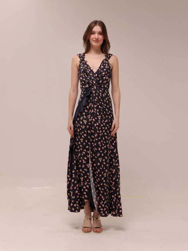 Black Floral Print Crepe Draped Sleeveless