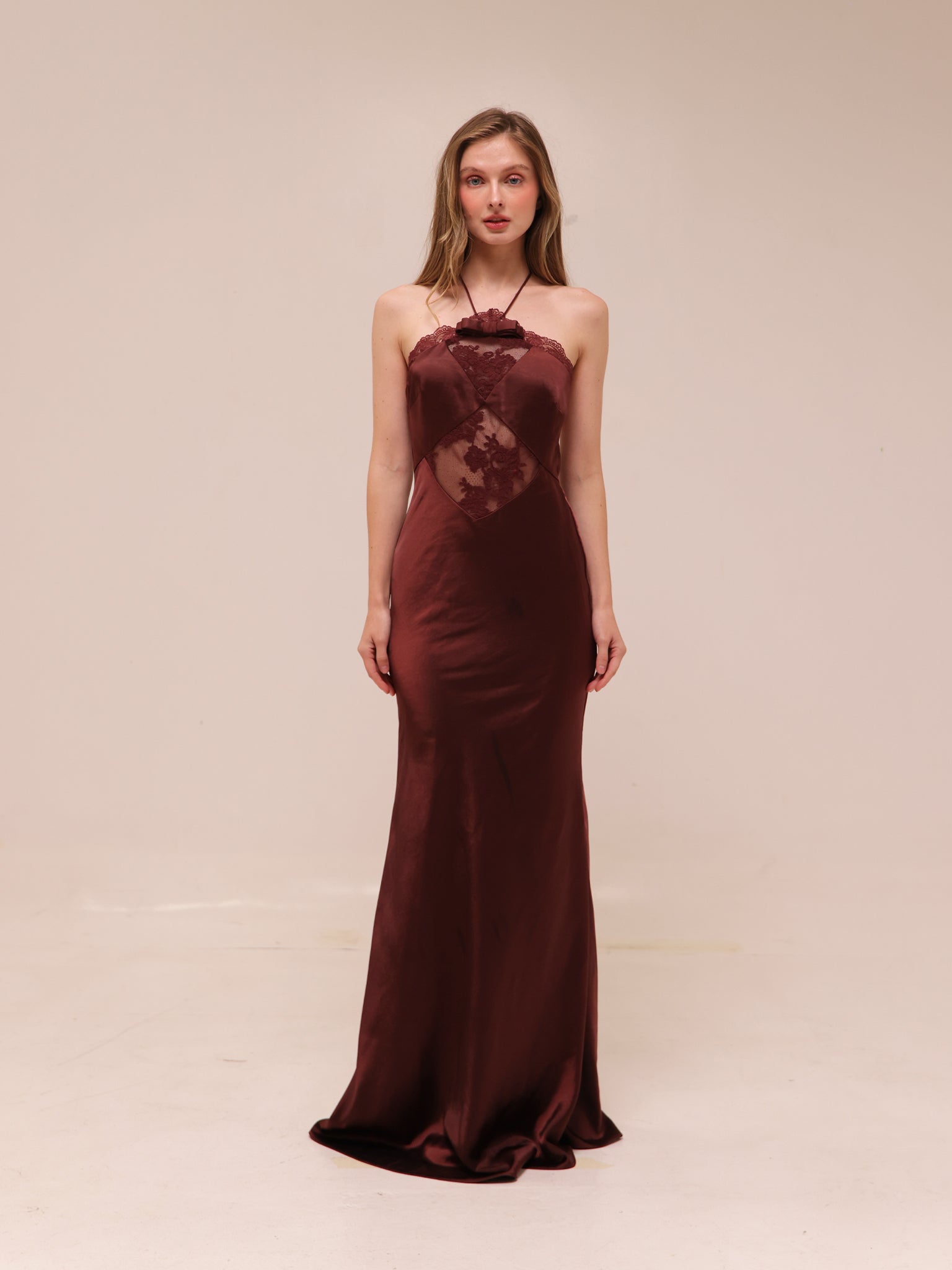 Lace-Trimmed Halterneck Satin Gown in Chocolate Brown