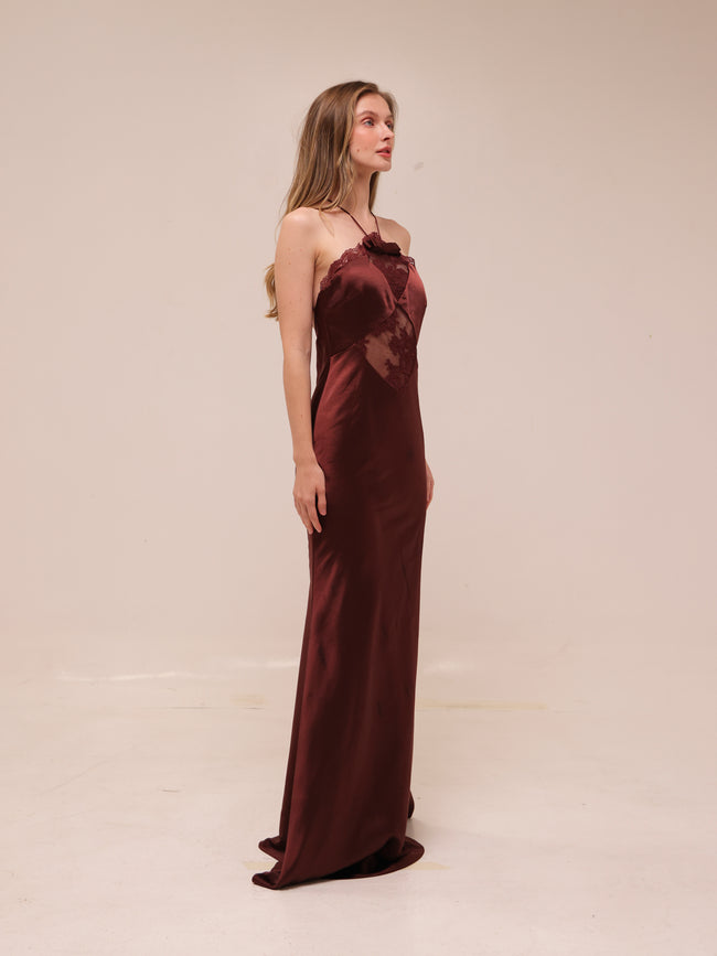 Lace-Trimmed Halterneck Satin Gown in Chocolate Brown