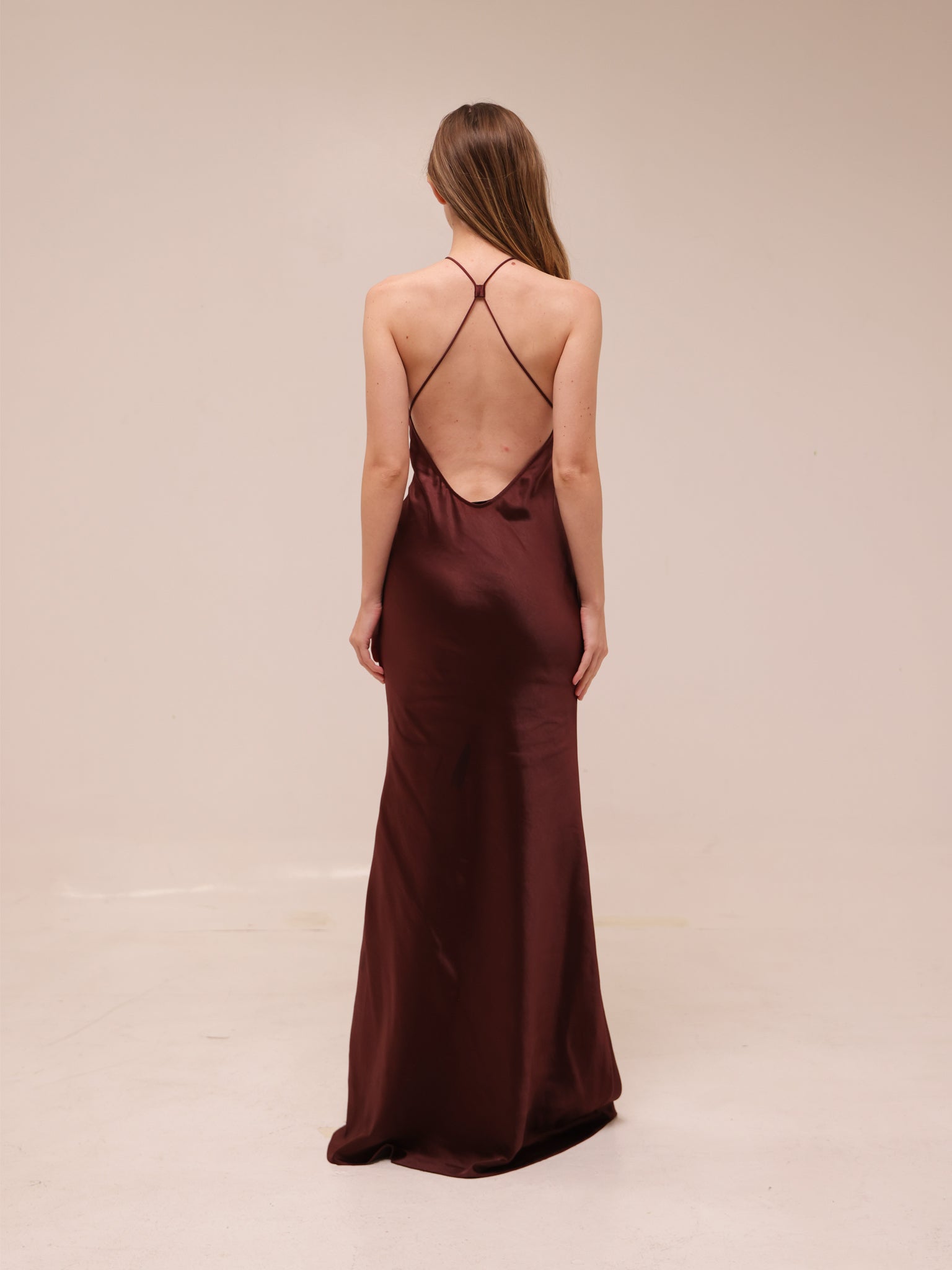 Lace-Trimmed Halterneck Satin Gown in Chocolate Brown