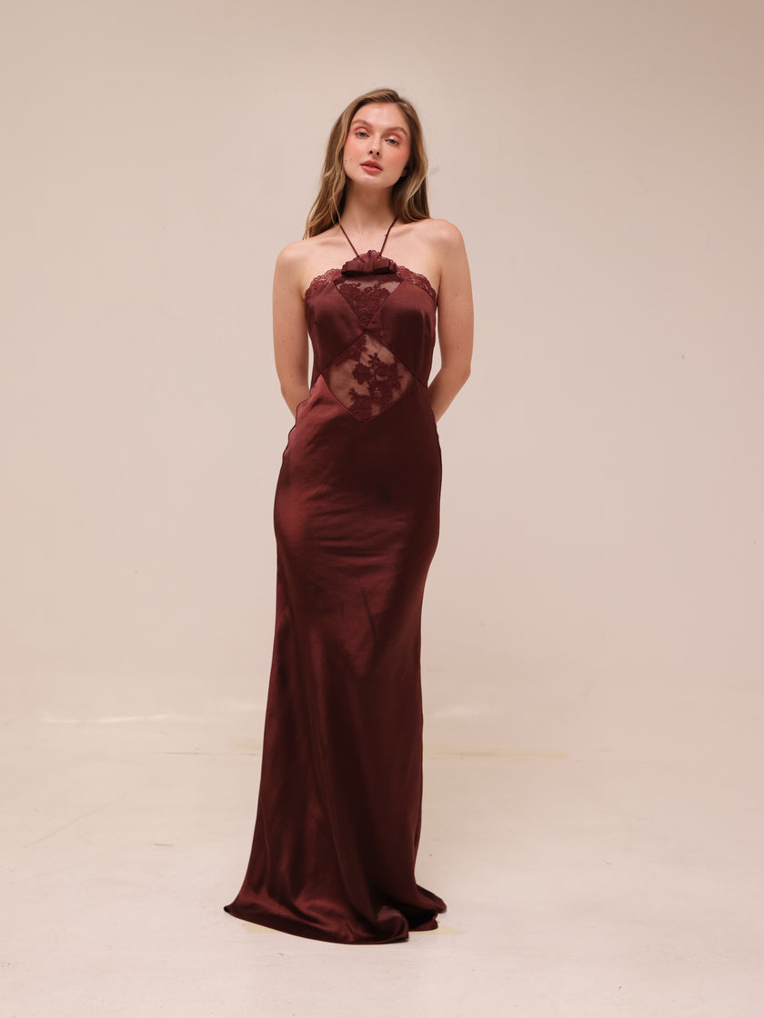 Lace-Trimmed Halterneck Satin Gown in Chocolate Brown