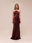 Lace-Trimmed Halterneck Satin Gown in Chocolate Brown
