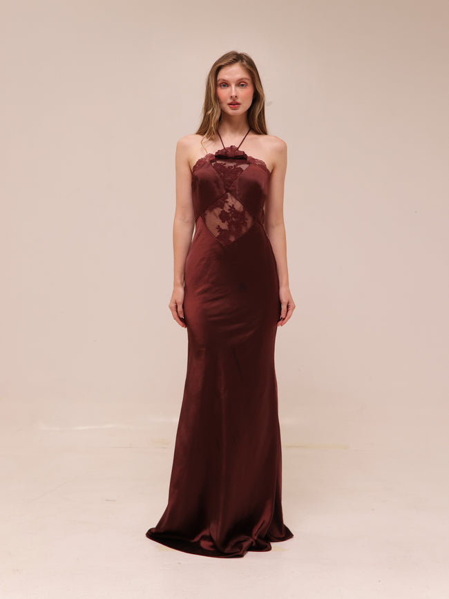 Lace-Trimmed Halterneck Satin Gown in Chocolate Brown