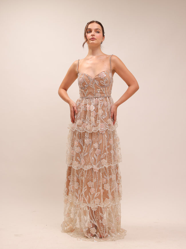 Flower Sequin Tier Maxi Dress