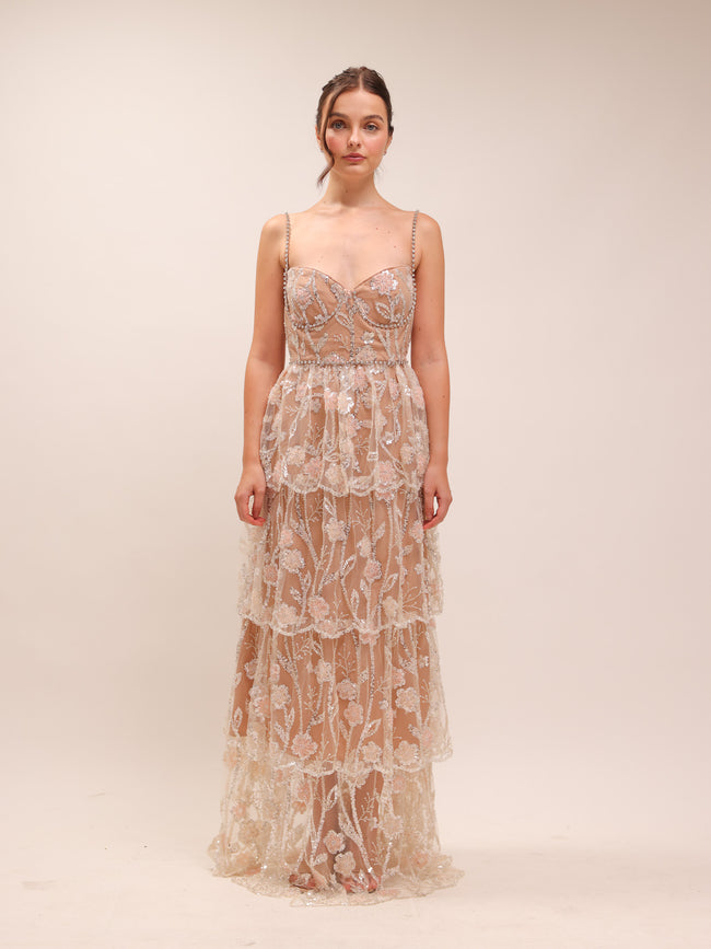 Flower Sequin Tier Maxi Dress
