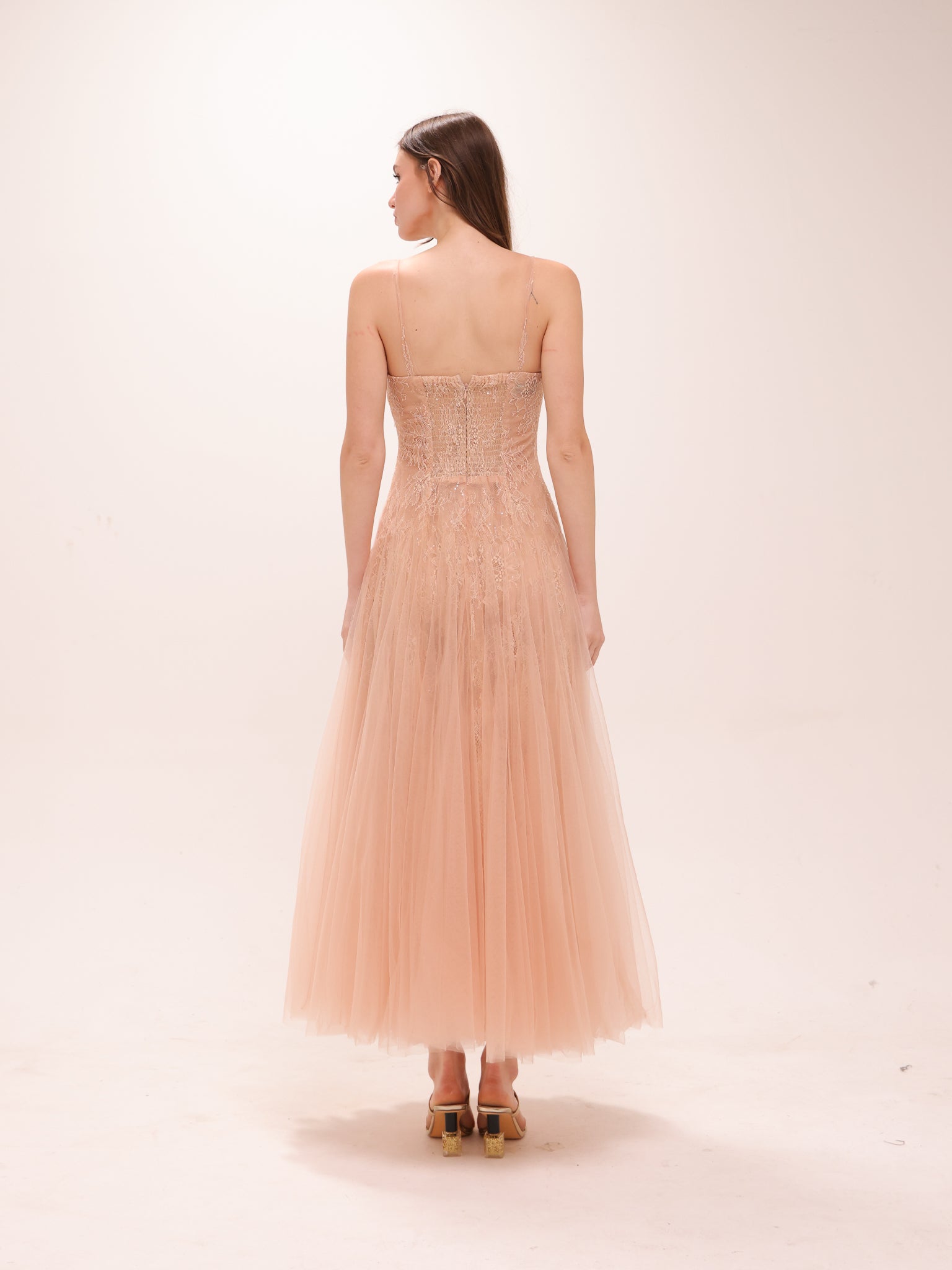 Nude Tulle Embroidered Midi Dress
