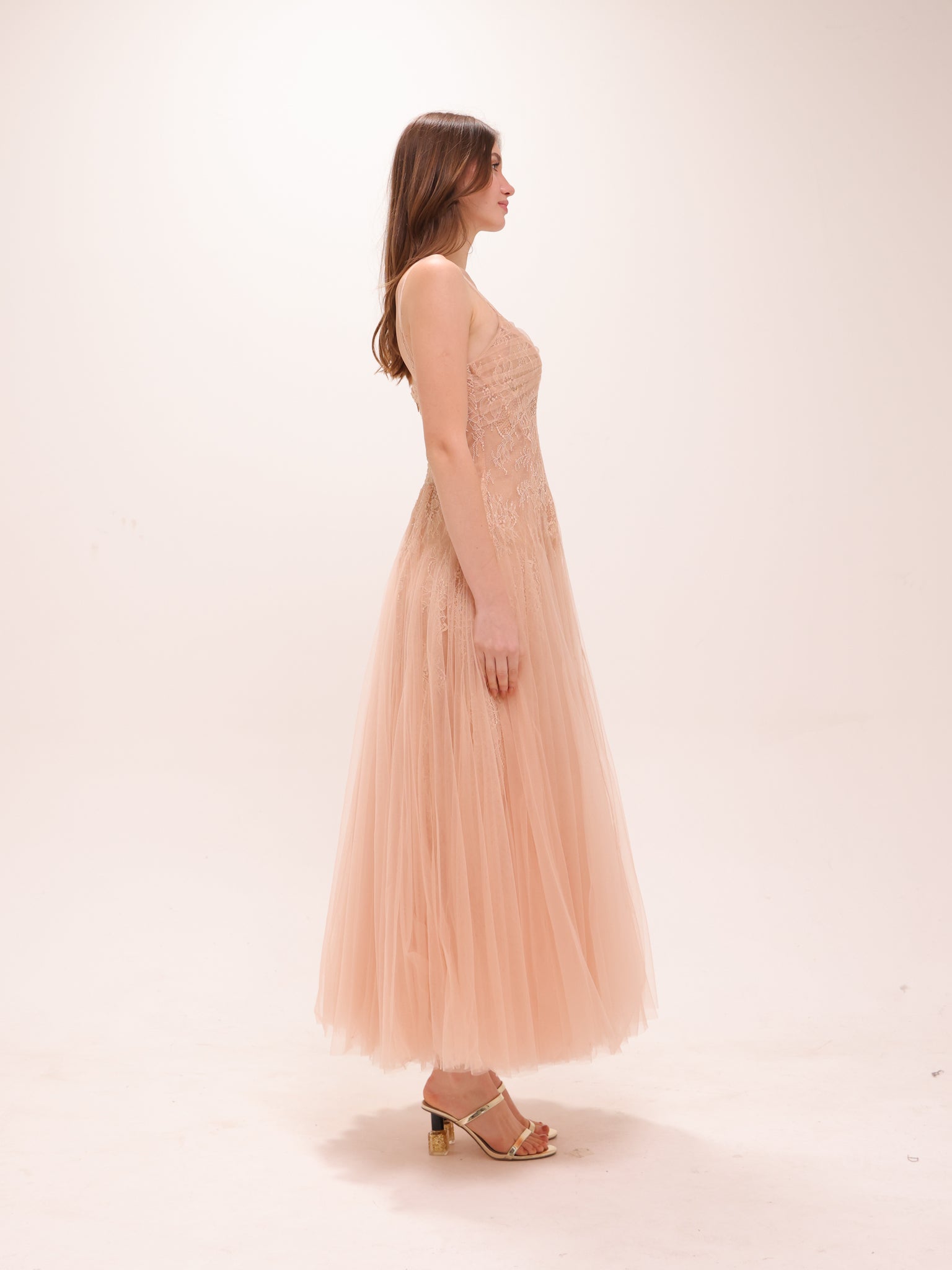 Nude Tulle Embroidered Midi Dress