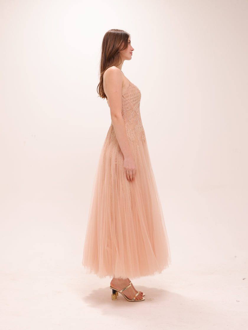 Nude Tulle Embroidered Midi Dress