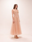Nude Tulle Embroidered Midi Dress