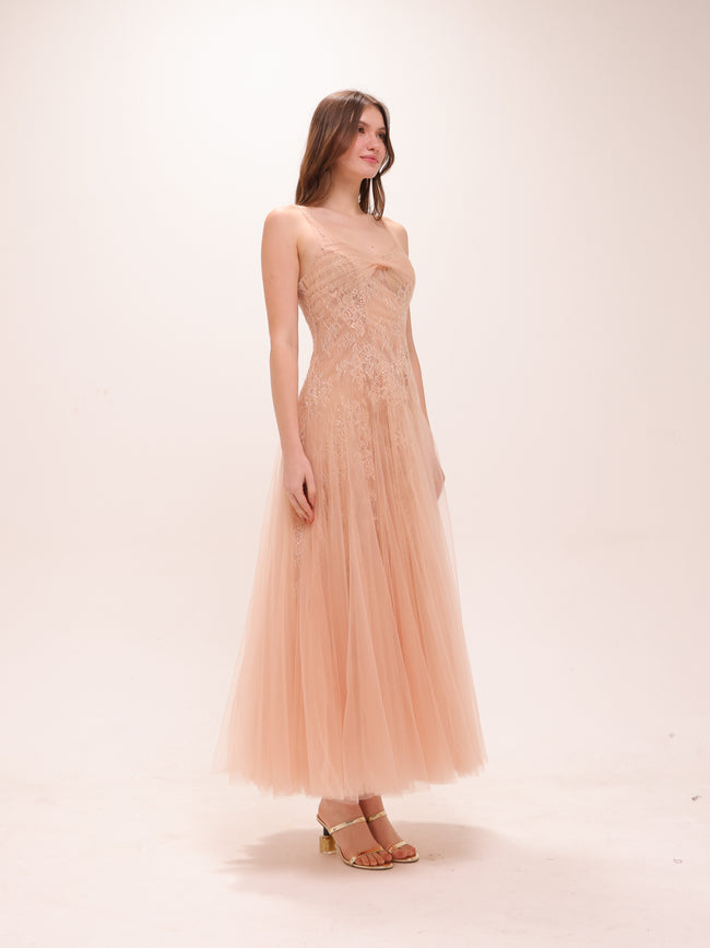 Nude Tulle Embroidered Midi Dress