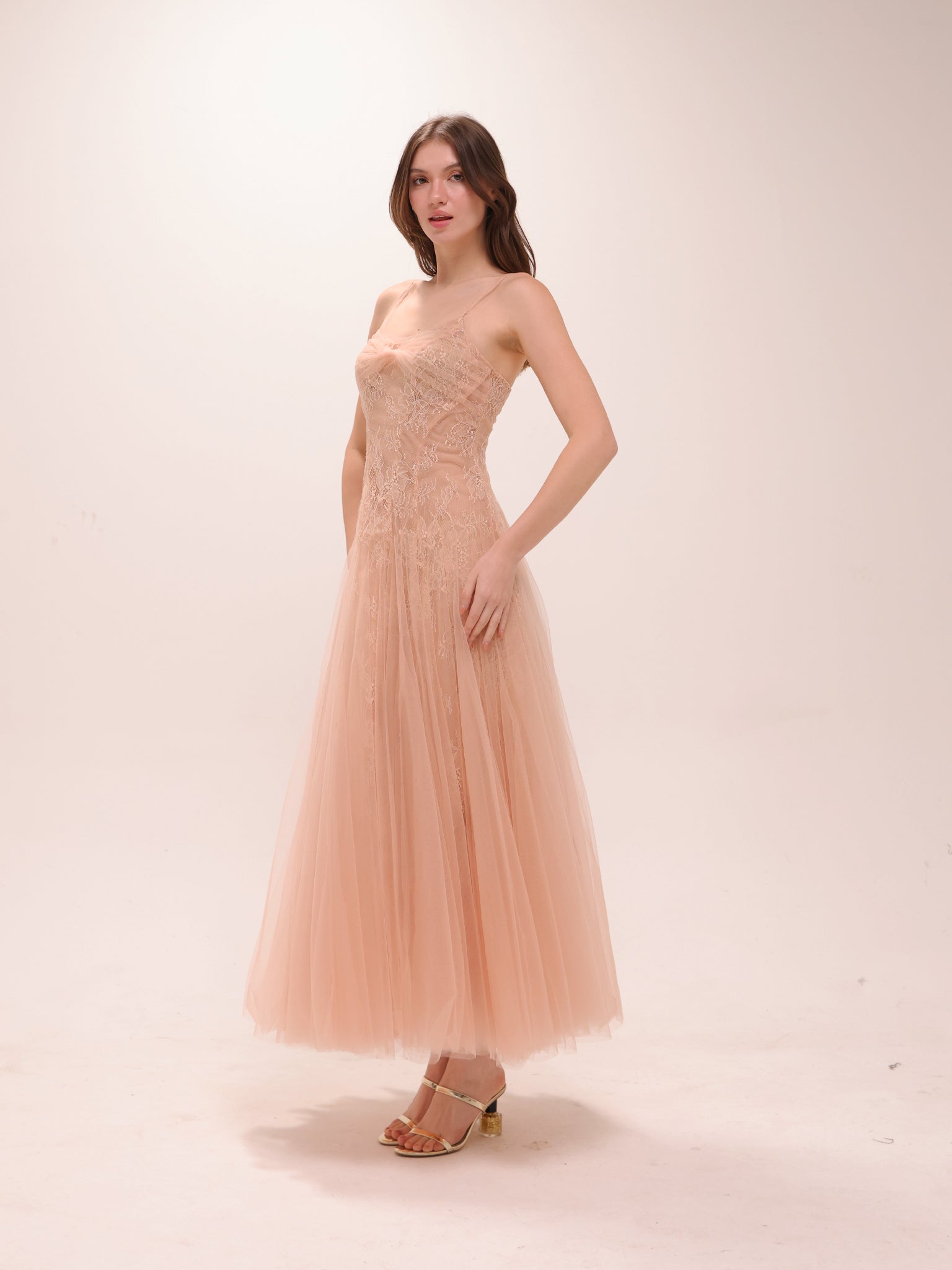 Nude Tulle Embroidered Midi Dress