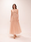 Nude Tulle Embroidered Midi Dress