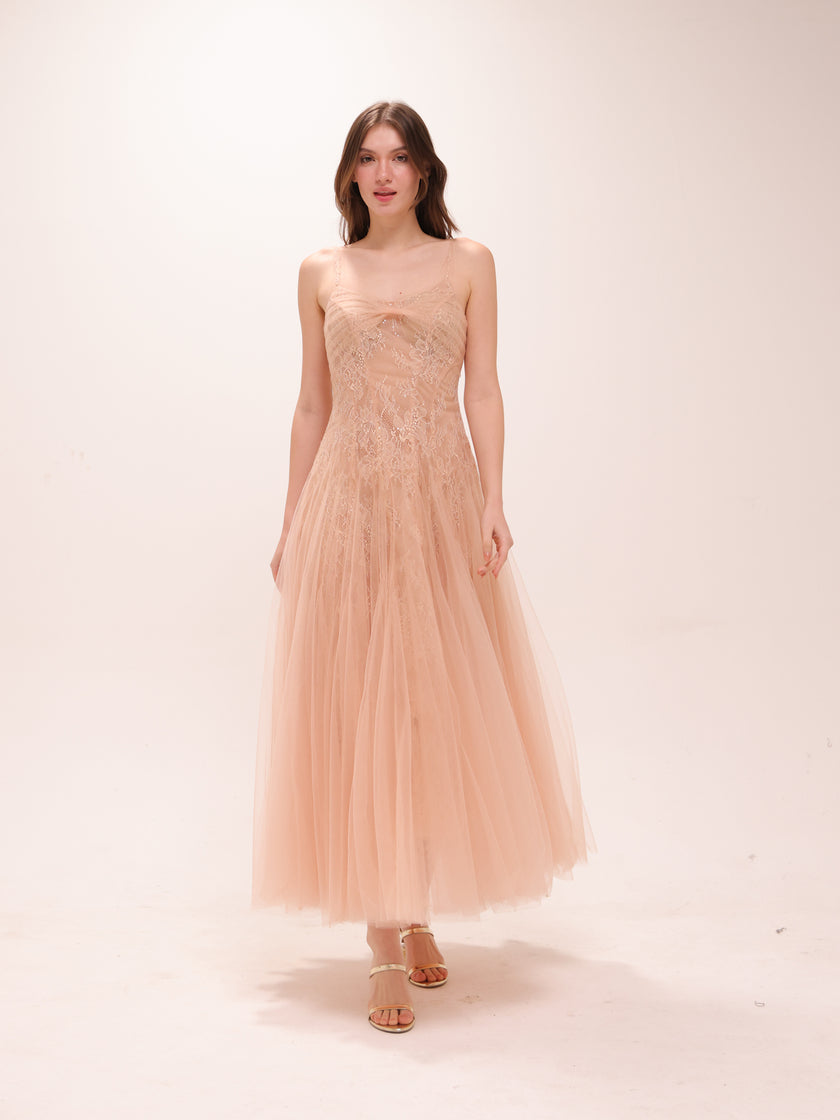 Nude Tulle Embroidered Midi Dress