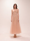 Nude Tulle Embroidered Midi Dress