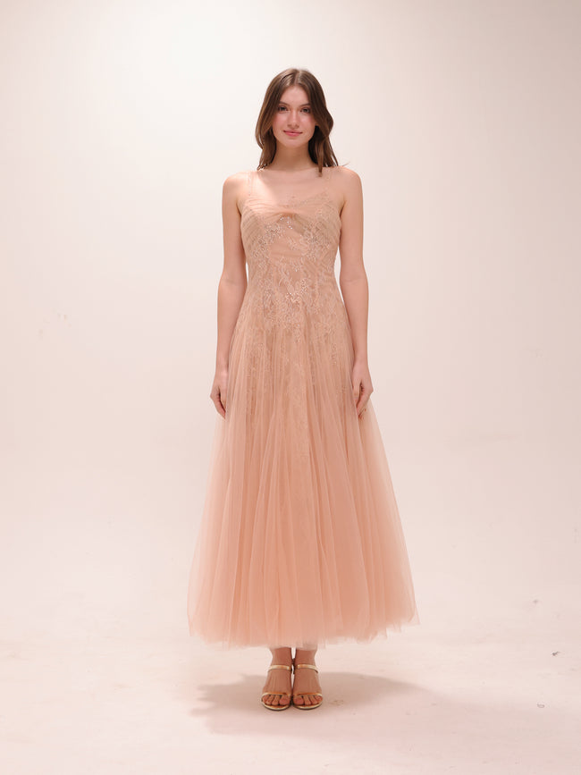 Nude Tulle Embroidered Midi Dress