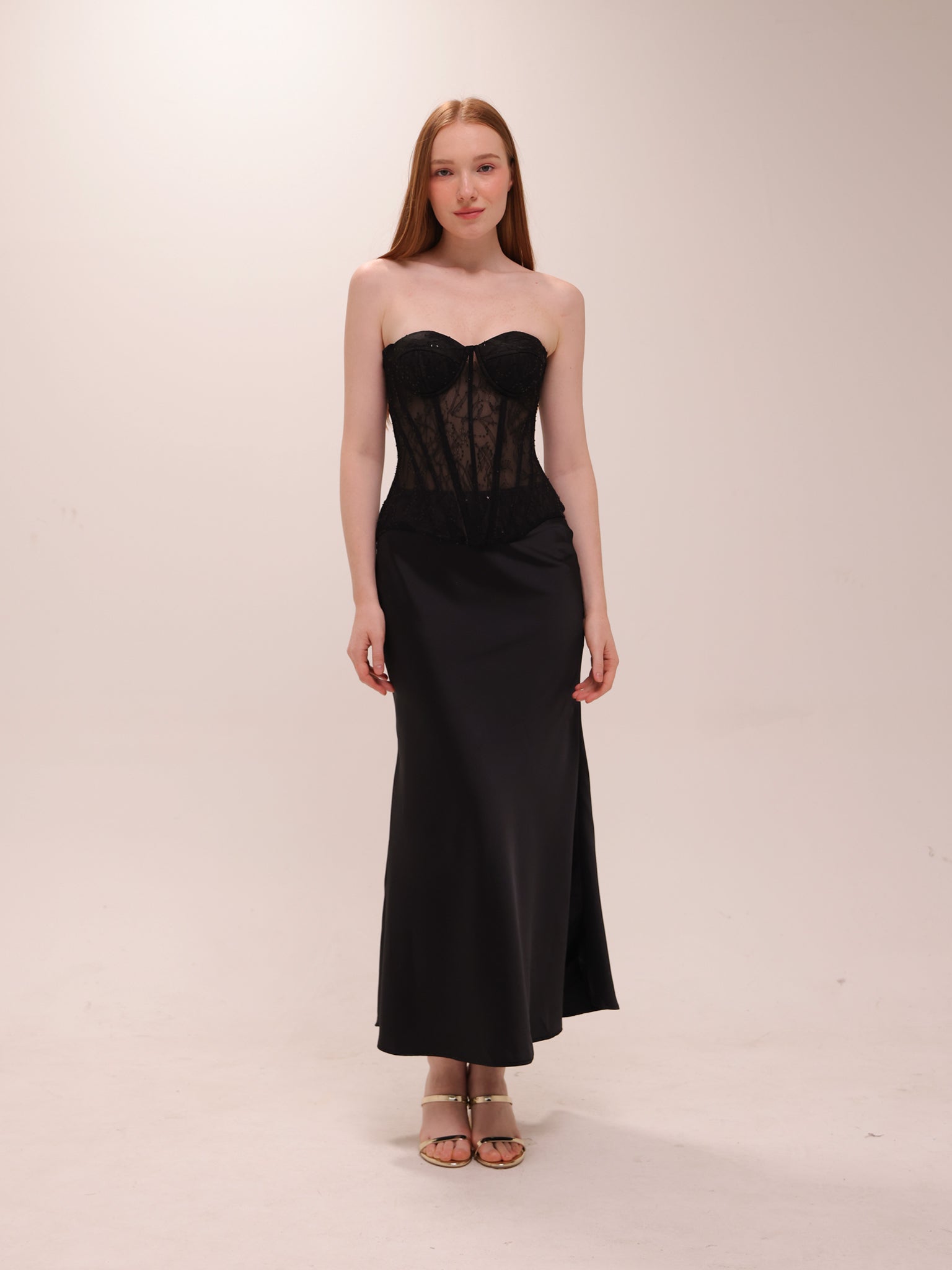 Black Corset Lace Satin Midi Dress