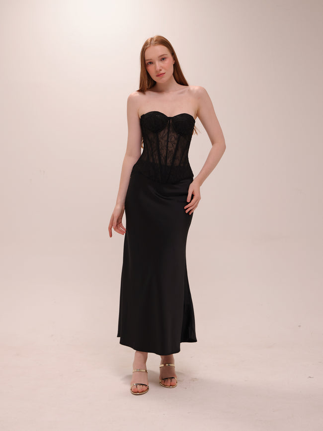 Black Corset Lace Satin Midi Dress