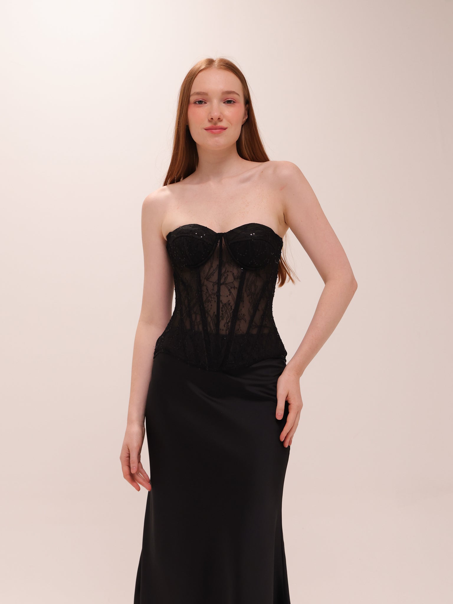 Black Corset Lace Satin Midi Dress
