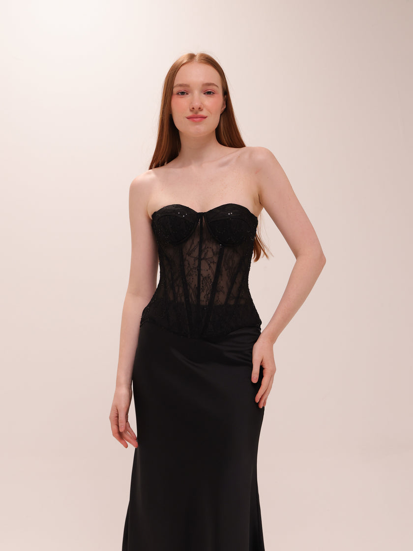 Black Corset Lace Satin Midi Dress