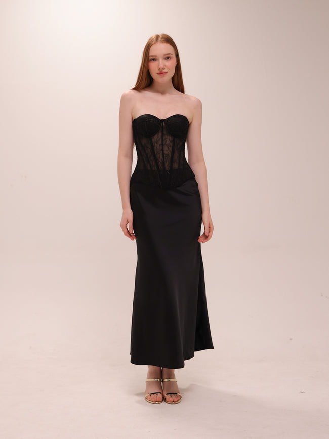 Black Corset Lace Satin Midi Dress