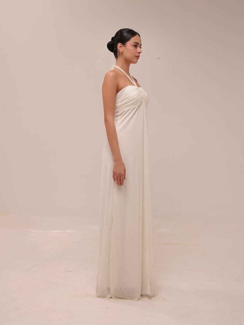 Ivory Chiffon Empire Waist Halter Dress