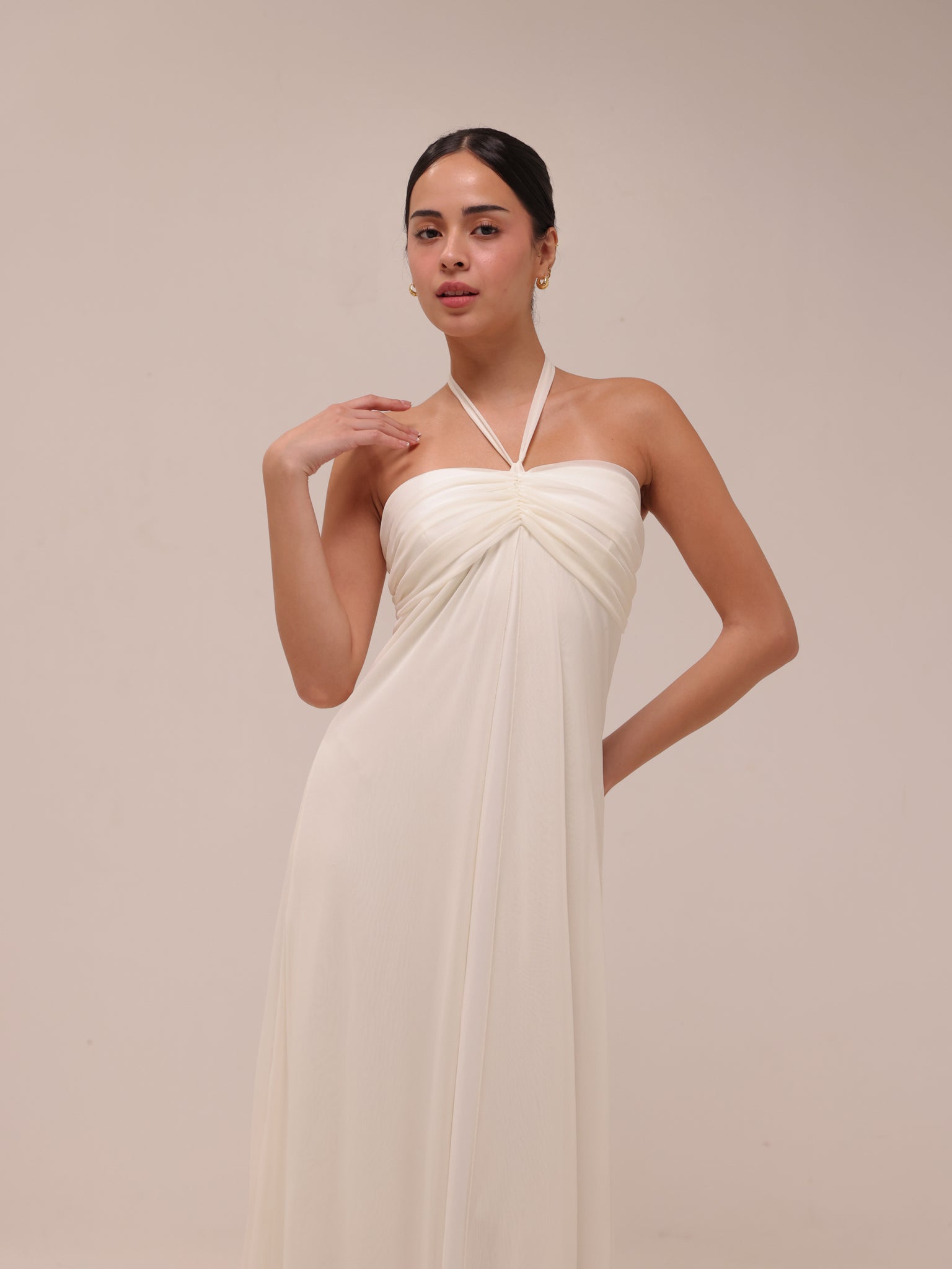 Ivory Chiffon Empire Waist Halter Dress