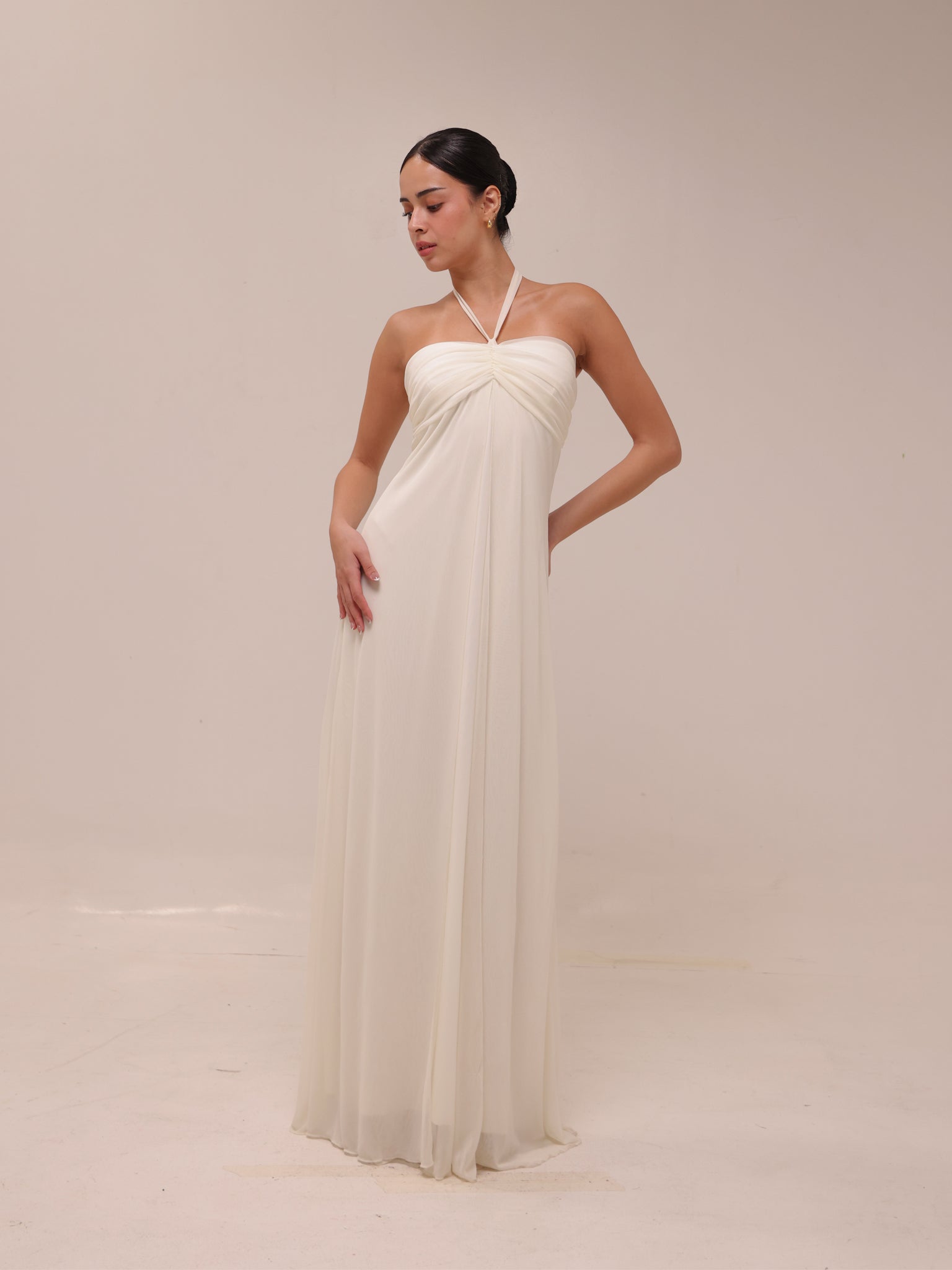 Ivory Chiffon Empire Waist Halter Dress