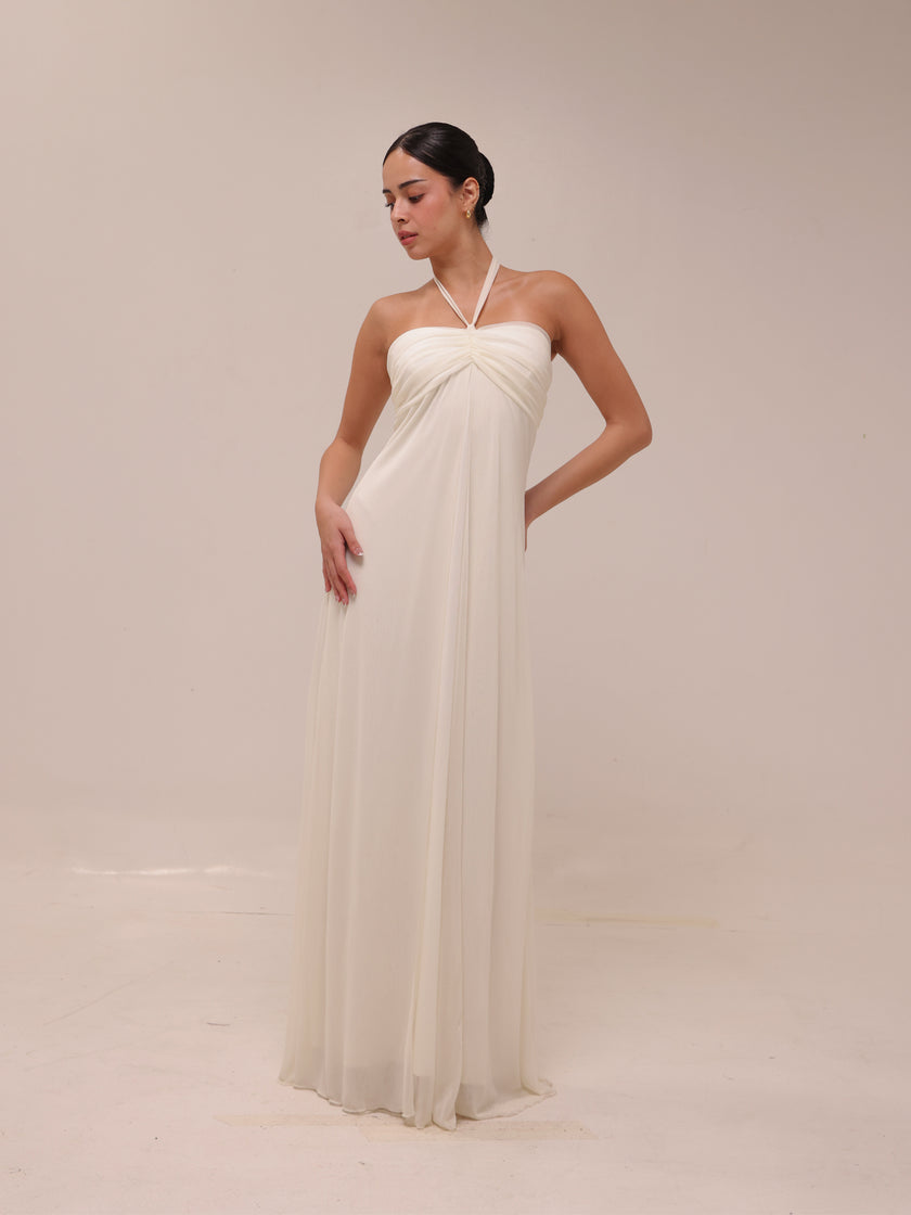 Ivory Chiffon Empire Waist Halter Dress