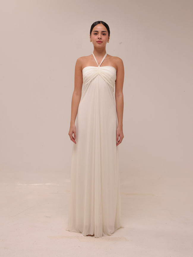 Ivory Chiffon Empire Waist Halter Dress